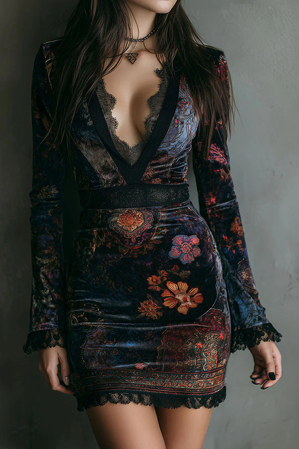 Elegant floral print velvet mini dress, V-neck, long sleeves, fitted
