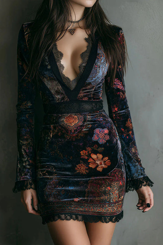 Elegant floral print velvet mini dress, V-neck, long sleeves, fitted