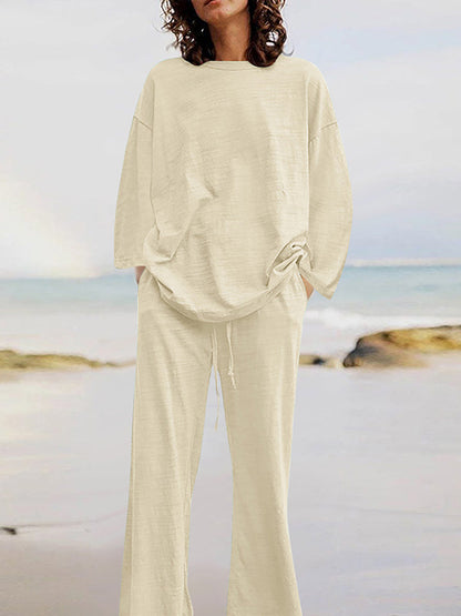 Ensemble deux pièces : haut chemise ample à manches longues et col rond de couleur unie + pantalon taille avec cordon de serrage