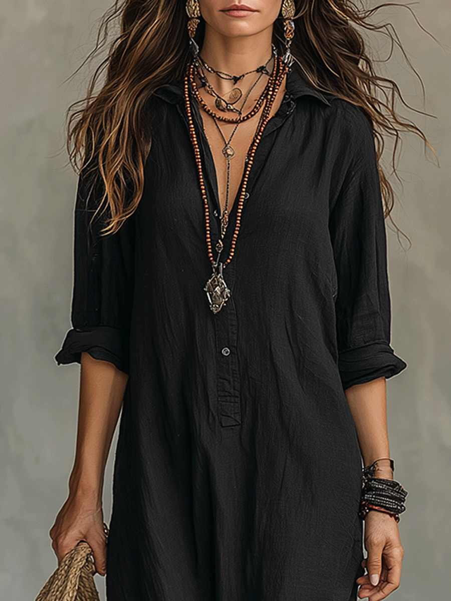 Black Bohemian Button Front Maxi Dress