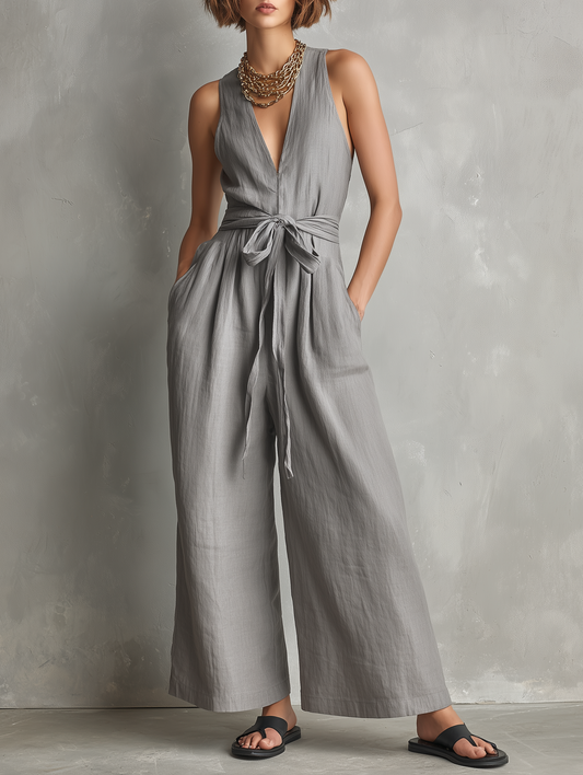 Women's minimalist sleeveless V-neck belted zip-up linen blend jumpsuit