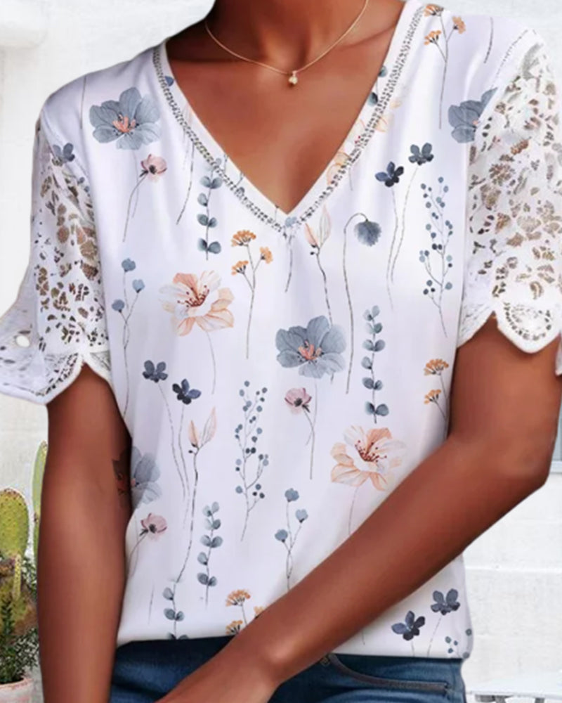 Blouse à patches de dentelle et imprimée