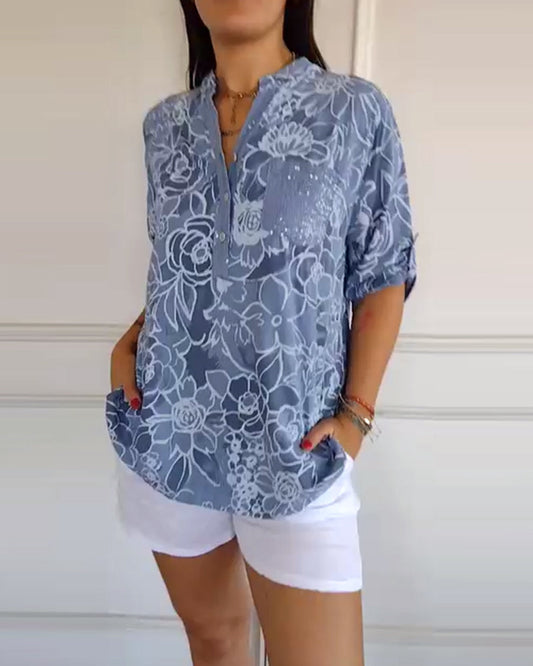 Printed V-neck blouse with front buttoning