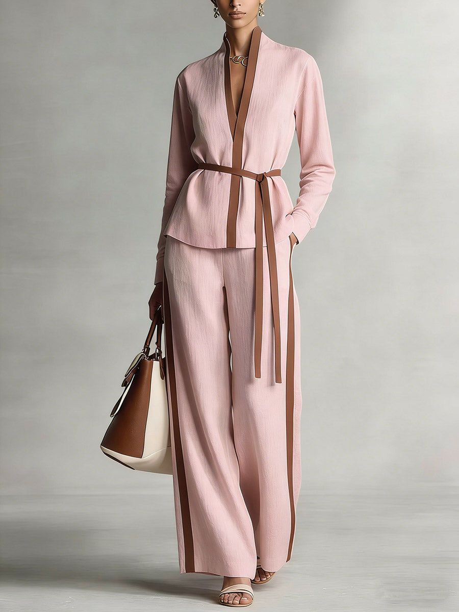 Ensemble décontracté en coton et lin pour femme : haut ample à col montant et manches longues, pantalon large ample à taille haute