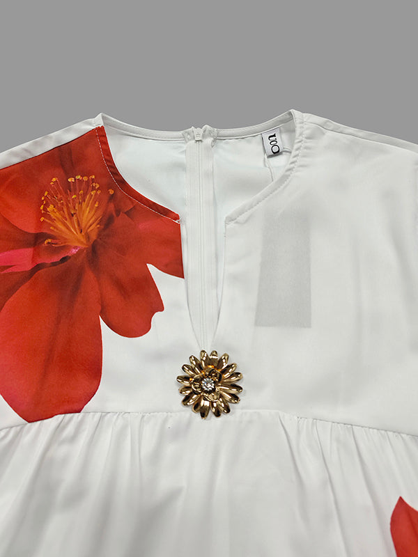 Robe midi plissée à imprimé et col en V