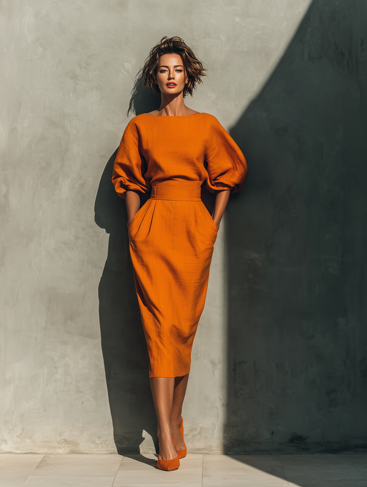Ensemble femme haut mi-manches et jupe midi orange
