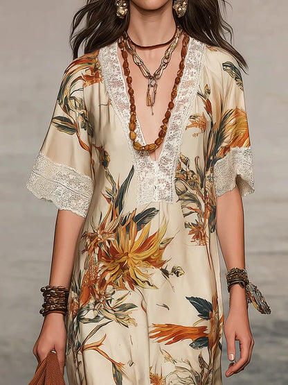 Robe décontractée chic à manches courtes et motif floral rétro pour femme