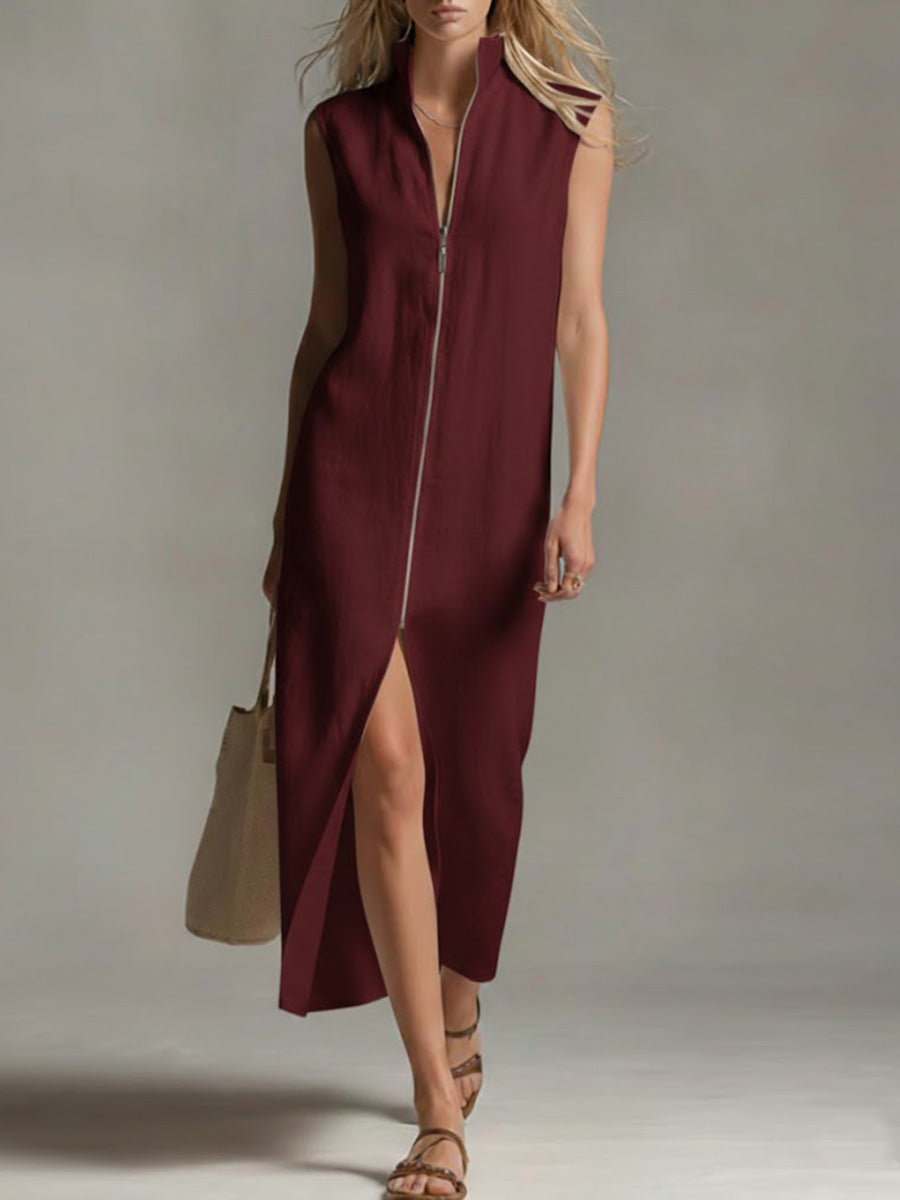 Robe ample décontractée sans manches en lin de couleur unie à col montant pour femme