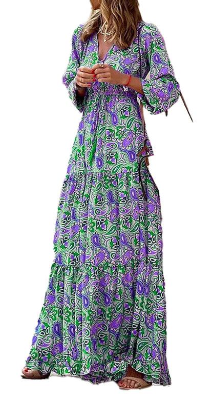 Robe bohème à col en V pour l'automne