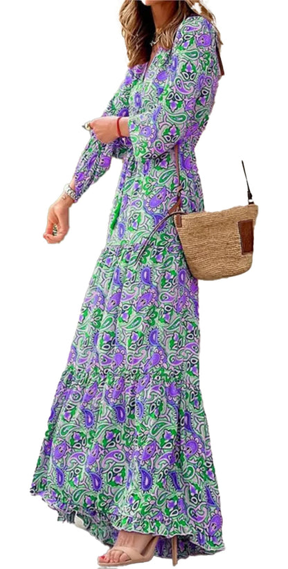 Robe bohème à col en V pour l'automne