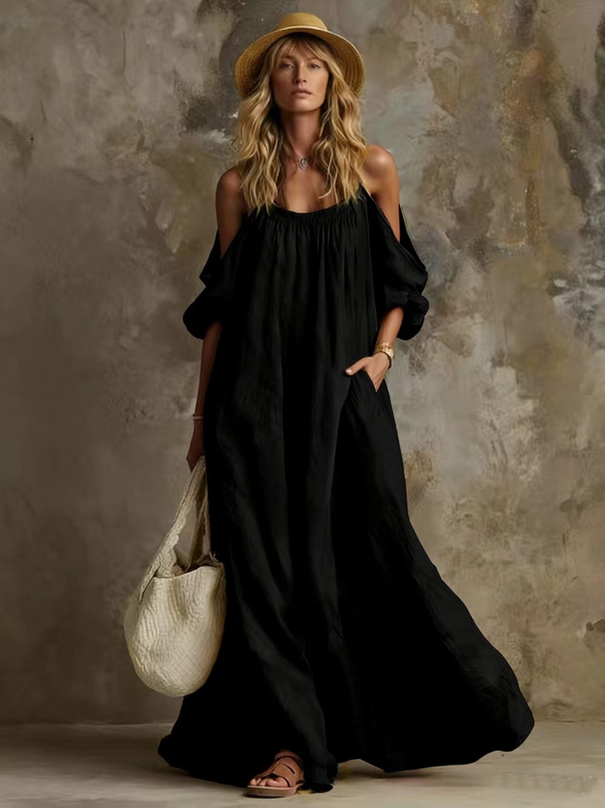 Robe longue caftan fluide blanche à manches bouffantes épaules dénudées avec poches