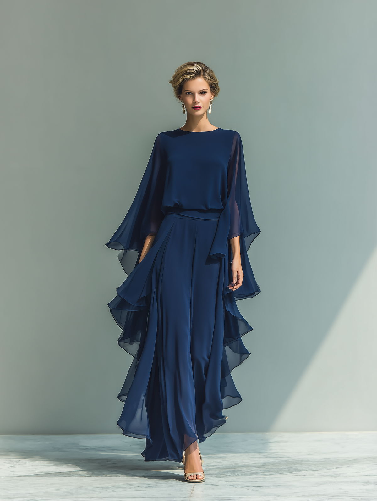 Women's set consisting of a navy blue chiffon top with flared sleeves and straight pants with ruffled details