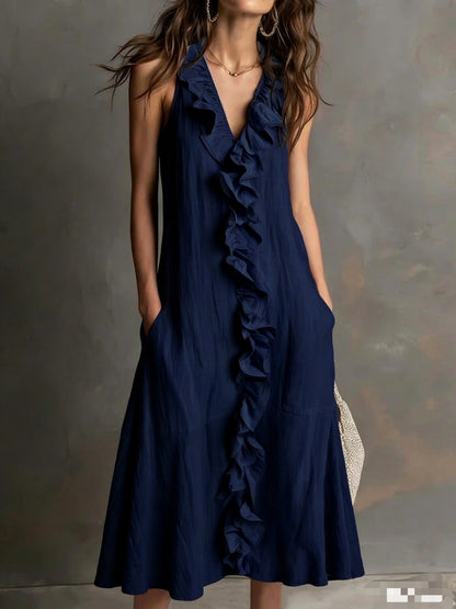 🌿 Robe midi sans manches à col en V volanté