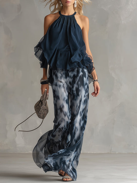 Muslin Set: Urban Chic Navy Halter Top with Wide-Leg Printed Pants