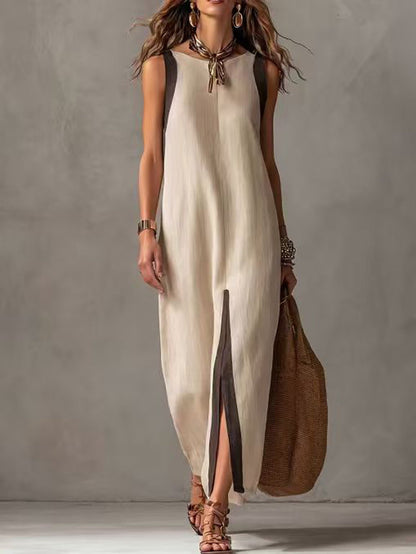 Robe midi droite sans manches bicolore à blocs de couleur