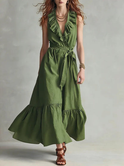 🌿 Robe longue portefeuille à volants et col en V