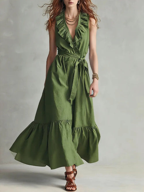 🌿 Robe longue portefeuille à volants et col en V