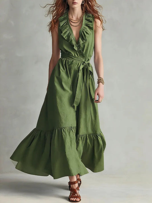🌿 Robe longue portefeuille à volants et col en V
