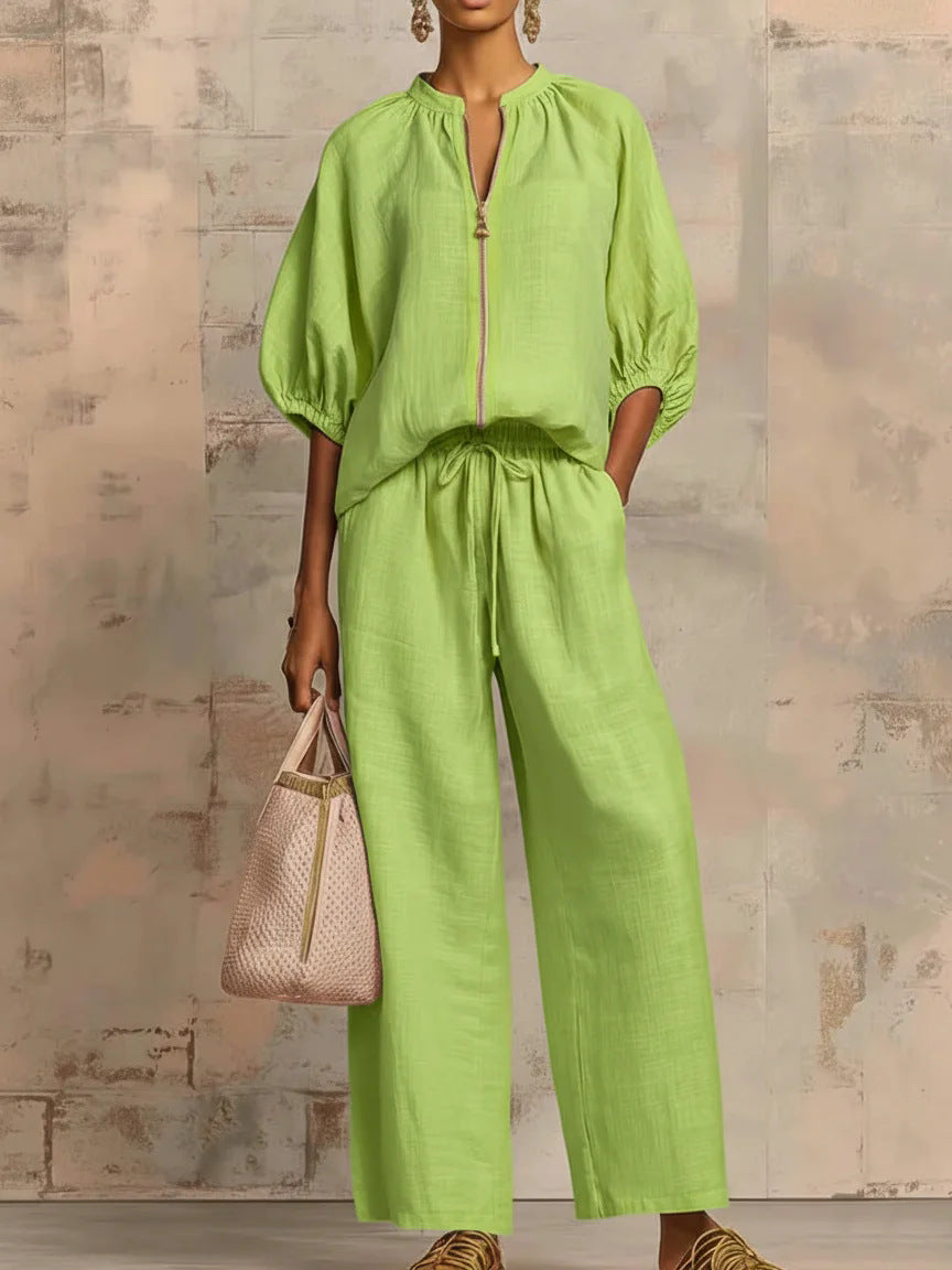 New arrival🔥 Two-piece linen and cotton set: stylish and comfortable zipped shirt and wide-leg trousers