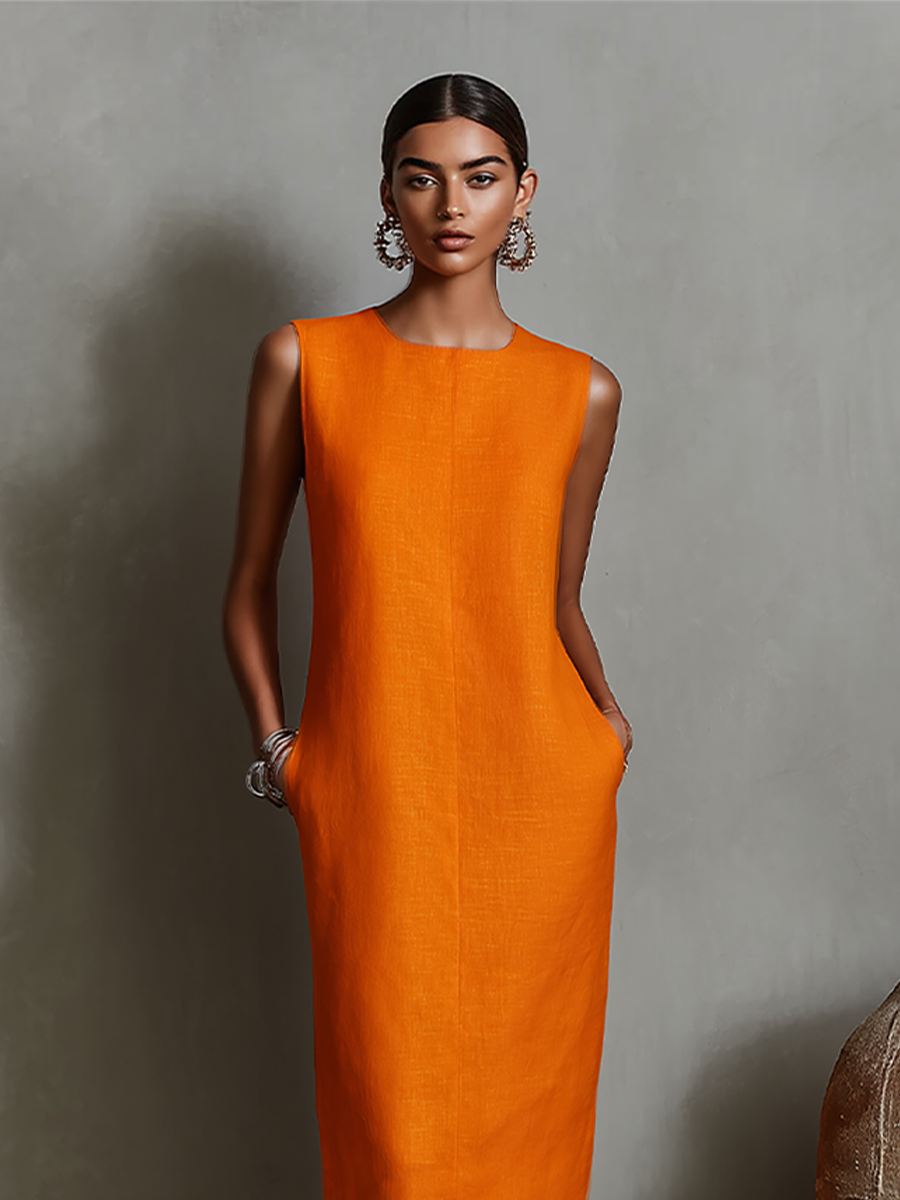 Robe chemise en lin orange pour femme avec encolure ronde sans manches et poches latérales, une robe au style intemporel, minimaliste et élégant