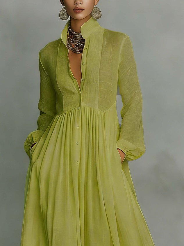 Casual cotton and linen maxi dress, high waist, stand-up collar, for everyday wear