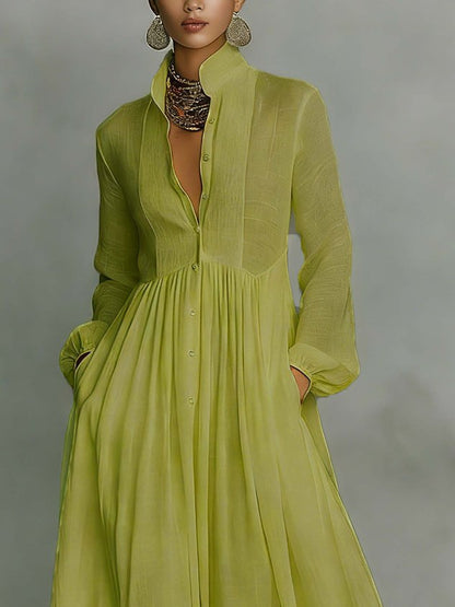 Casual cotton and linen maxi dress, high waist, stand-up collar, for everyday wear