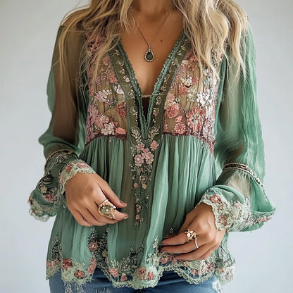 Blouse à manches longues semi‑transparente à col V à motif floral