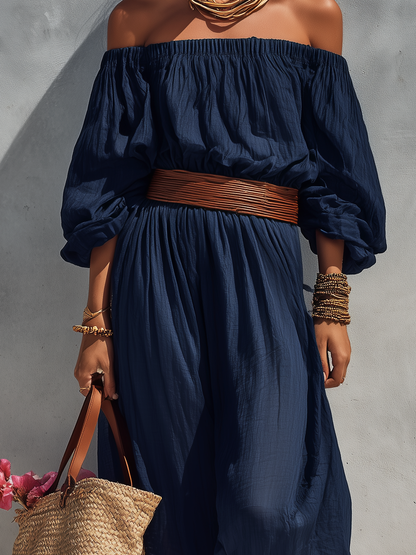 Robe longue sans bretelles à manches longues en coton et lin bleu foncé décontractée pour femme (ceinture non incluse)