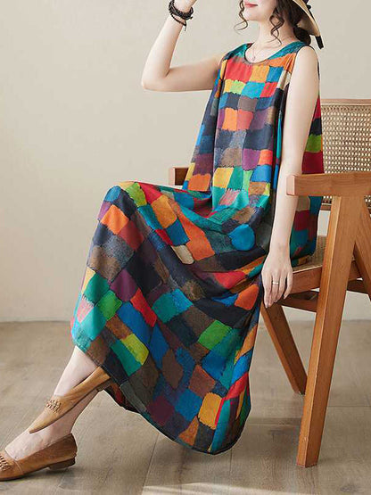 Robes midi à col rond, sans manches amples, à carreaux multicolores contrastés