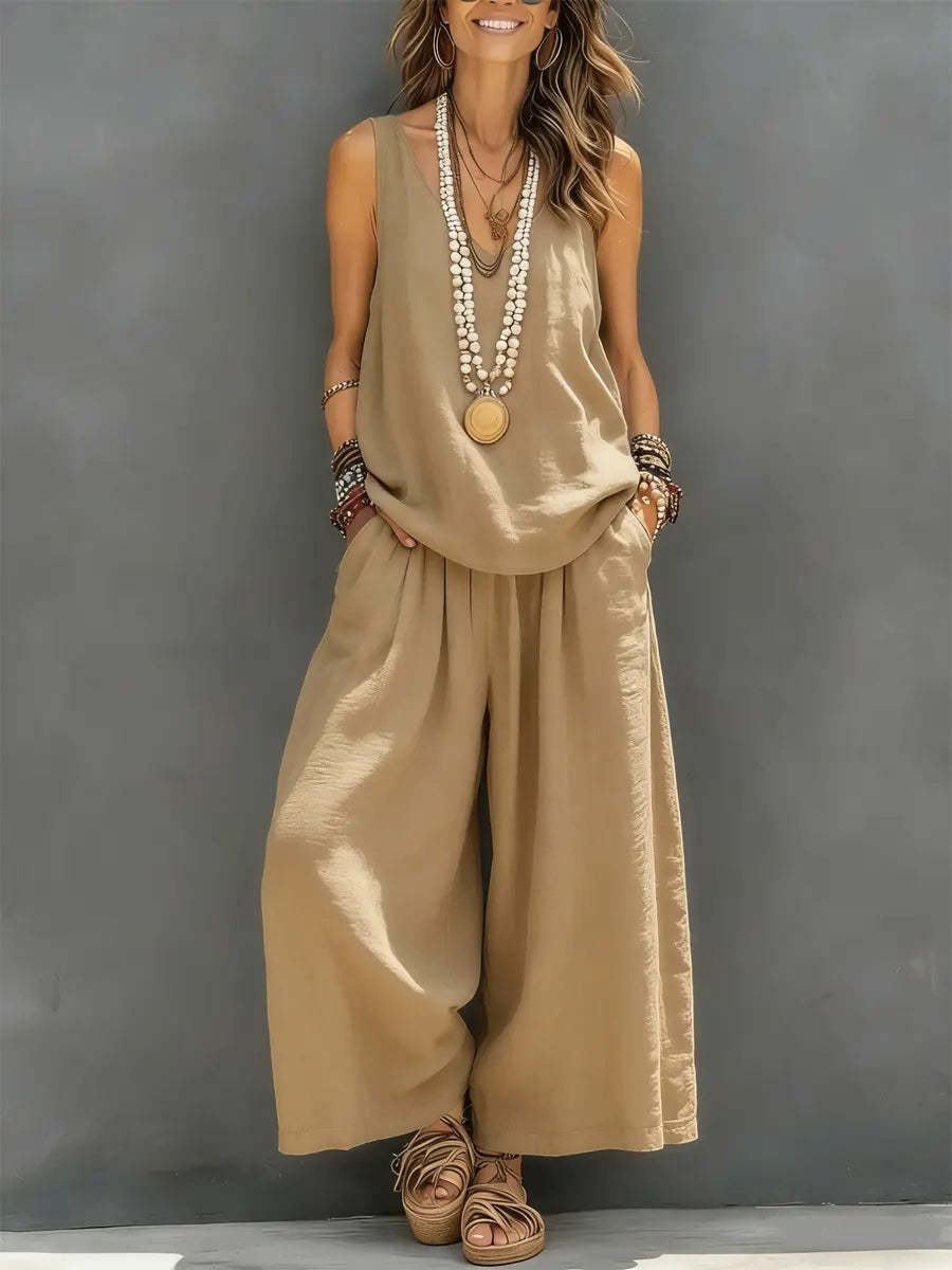 Linen V-Neck Sleeveless Top and Wide-Leg Pants Set