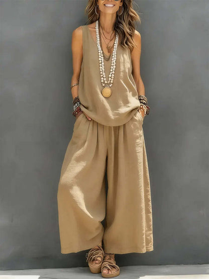 Linen V-Neck Sleeveless Top and Wide-Leg Pants Set