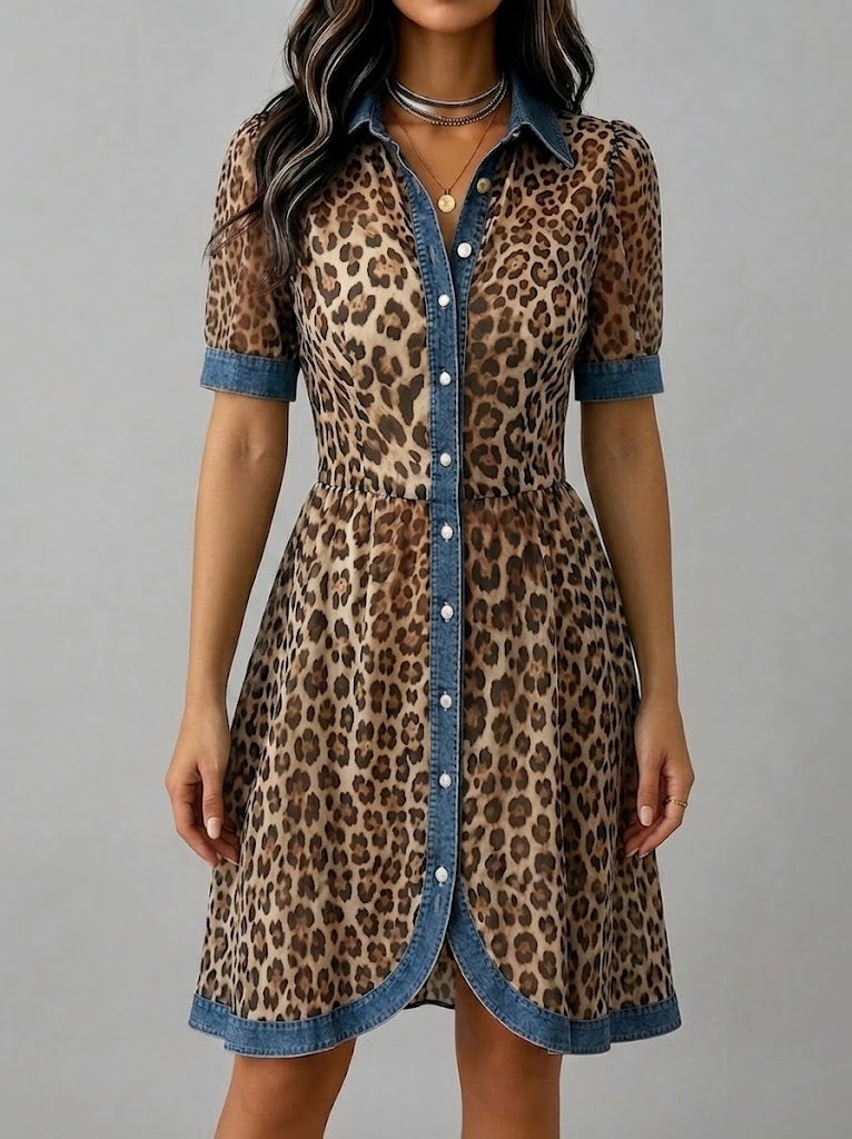Robe chic décontractée en mousseline et denim à imprimé léopard