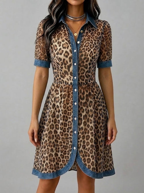 Robe chic décontractée en mousseline et denim à imprimé léopard