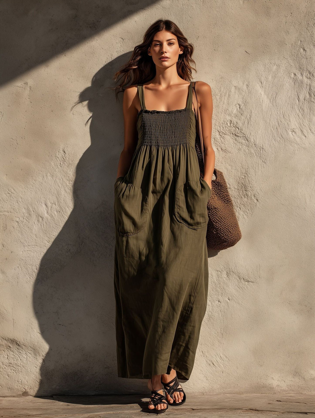 Robe longue smockée à encolure carrée et bretelles fines en mélange de lin avec poches