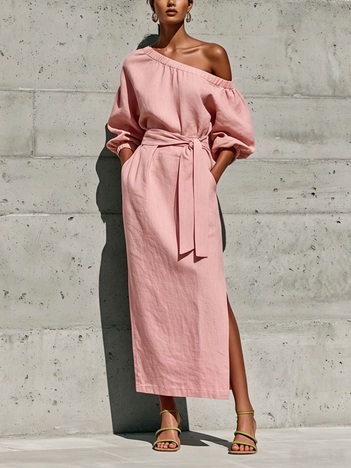 Robe Midi en Lin à Une Épaule Manches Bouffantes Taille Nouée et Fente Latérale