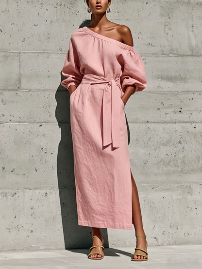 Robe Midi en Lin à Une Épaule Manches Bouffantes Taille Nouée et Fente Latérale