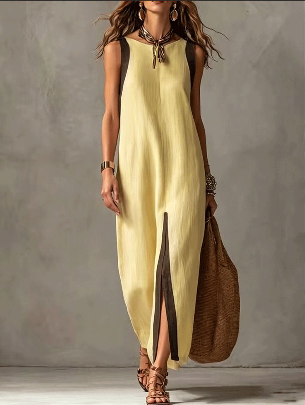 Robe midi droite sans manches bicolore à blocs de couleur