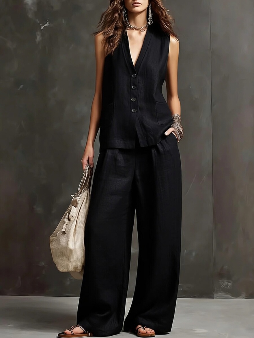 Ensemble gilet sans manches et pantalon large en mélange de lin