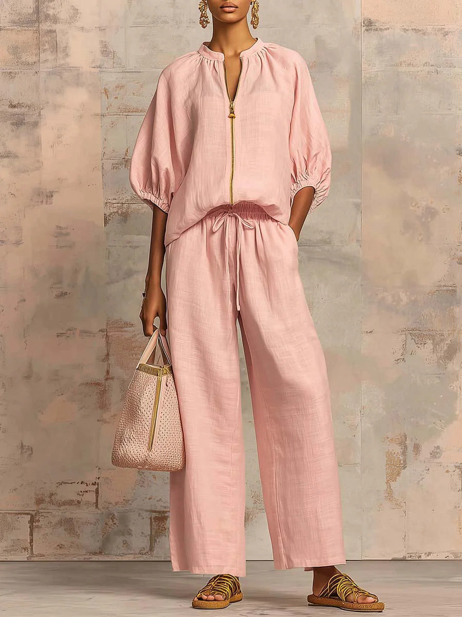 New arrival🔥 Two-piece linen and cotton set: stylish and comfortable zipped shirt and wide-leg trousers