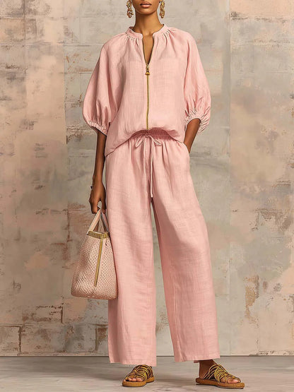 New arrival🔥 Two-piece linen and cotton set: stylish and comfortable zipped shirt and wide-leg trousers