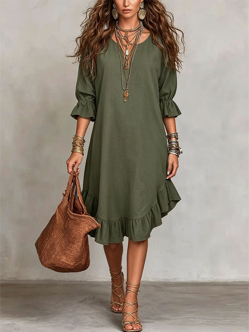 Robe courte à manches courtes en lin et coton pour femme, coupe ample, col rond à volants