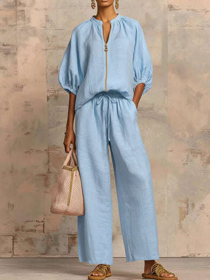 New arrival🔥 Two-piece linen and cotton set: stylish and comfortable zipped shirt and wide-leg trousers