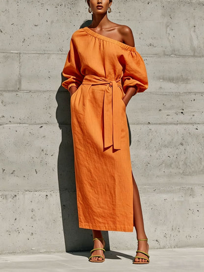 Robe Midi en Lin à Une Épaule Manches Bouffantes Taille Nouée et Fente Latérale