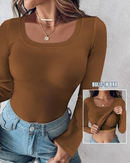 Women's Ribbed Long-Sleeve Top, U-Neck with Built-in Bra, Slim and Stylish Fit, Stretchy Fabric