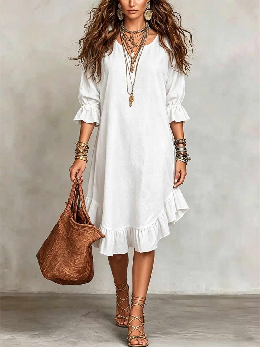 Robe courte à manches courtes en lin et coton pour femme, coupe ample, col rond à volants