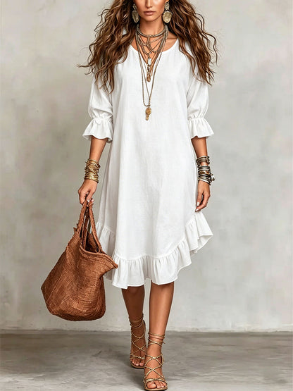 Robe courte à manches courtes en lin et coton pour femme, coupe ample, col rond à volants