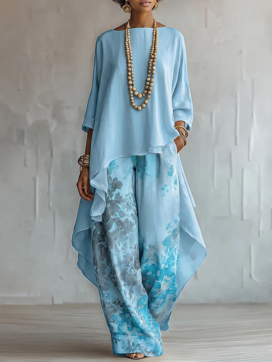 Ensemble deux pièces asymétrique en mélange de lin et pantalon large à imprimé floral pour femme