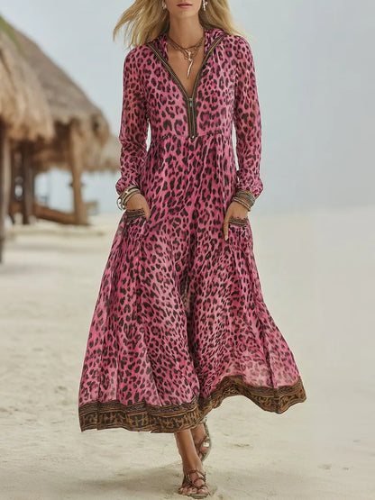 Robe midi à capuche pour femme style rétro décontracté imprimé léopard