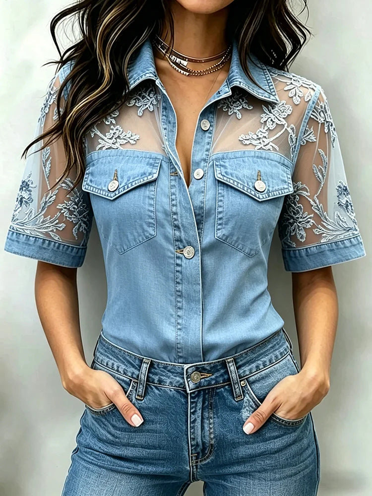 Chemise en jean maille dentelle florale