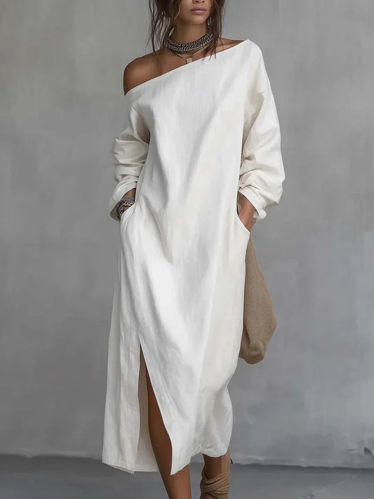 Robe midi ample asymétrique en coton et lin avec ourlet fendu